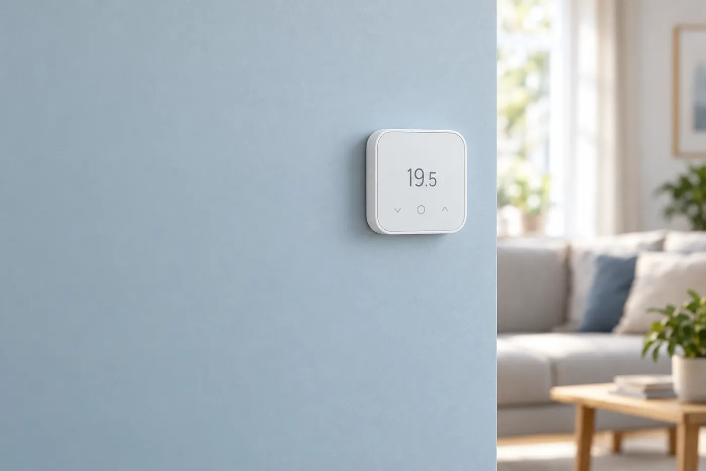 Thermostat d'ambiance mural réglé à 19,5 °C dans un salon